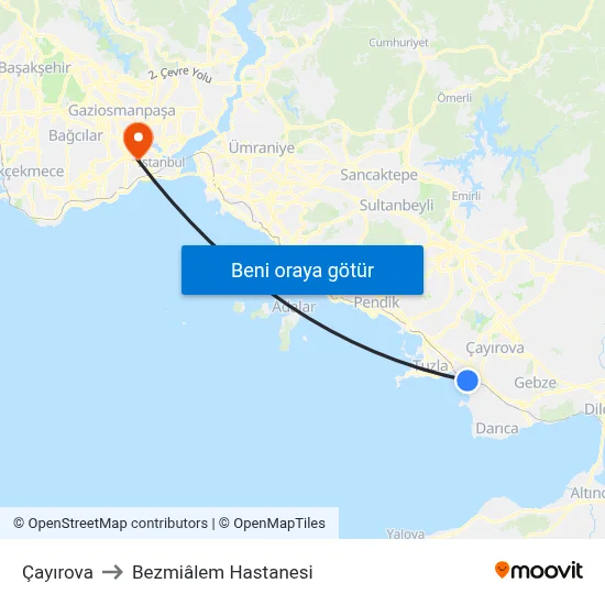Çayırova to Bezmiâlem Hastanesi map