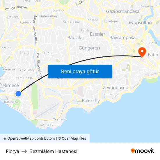 Florya to Bezmiâlem Hastanesi map