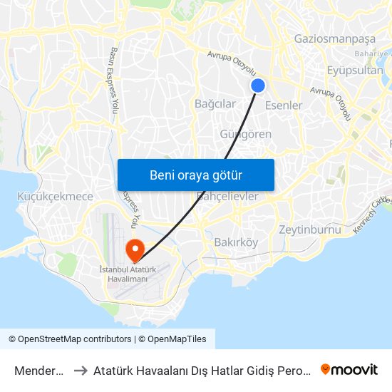 Menderes to Atatürk Havaalanı Dış Hatlar Gidiş Peronu map