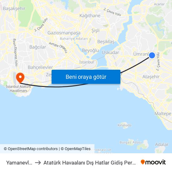 Yamanevler to Atatürk Havaalanı Dış Hatlar Gidiş Peronu map