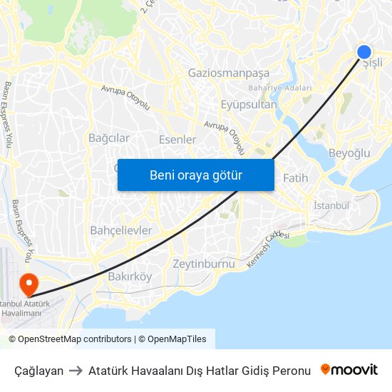 Çağlayan to Atatürk Havaalanı Dış Hatlar Gidiş Peronu map