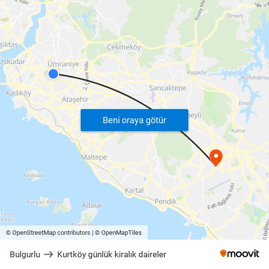 Bulgurlu to Kurtköy günlük kiralık daireler map