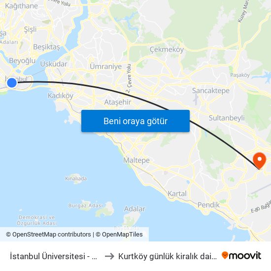 İstanbul Üniversitesi - Laleli to Kurtköy günlük kiralık daireler map