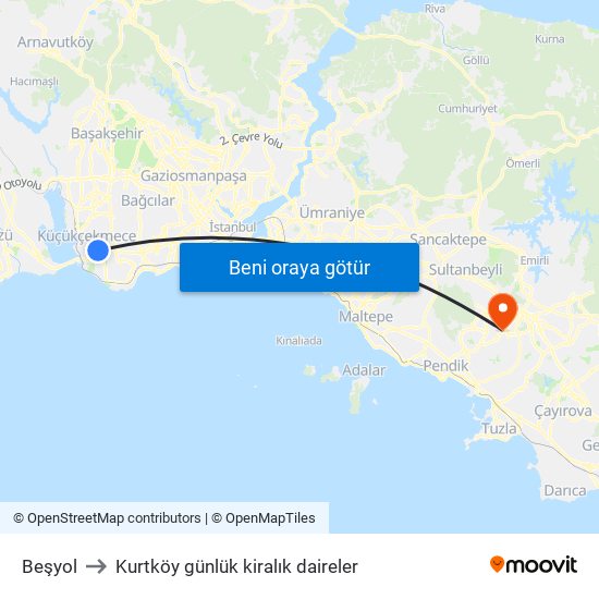 Beşyol to Kurtköy günlük kiralık daireler map