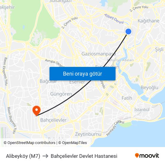 Alibeyköy (M7) to Bahçelievler Devlet Hastanesi map
