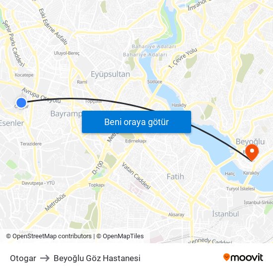 Otogar to Beyoğlu Göz Hastanesi map