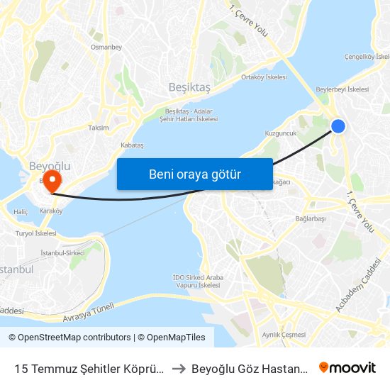 15 Temmuz Şehitler Köprüsü to Beyoğlu Göz Hastanesi map