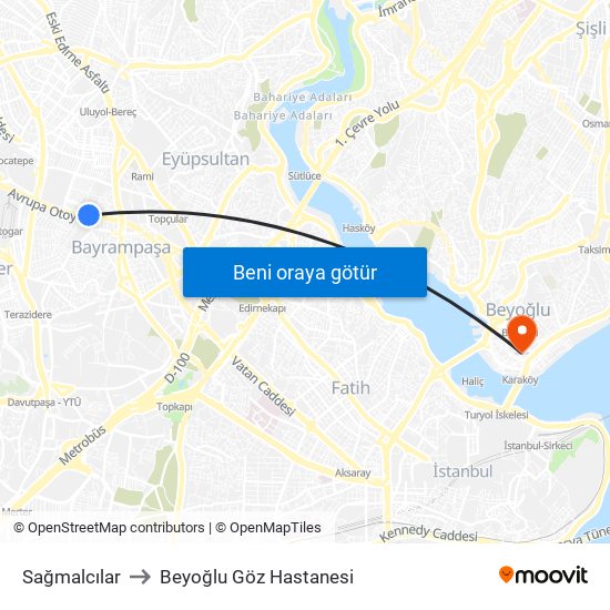 Sağmalcılar to Beyoğlu Göz Hastanesi map