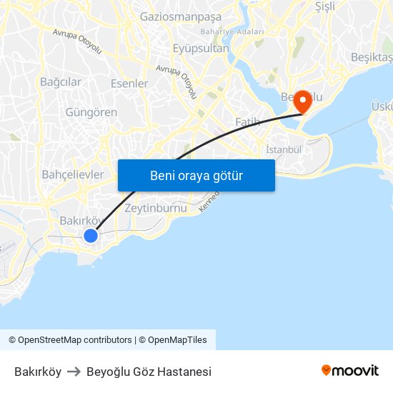 Bakırköy to Beyoğlu Göz Hastanesi map