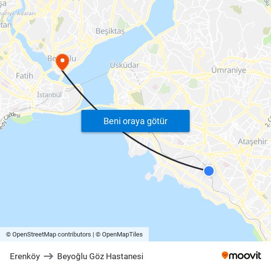 Erenköy to Beyoğlu Göz Hastanesi map