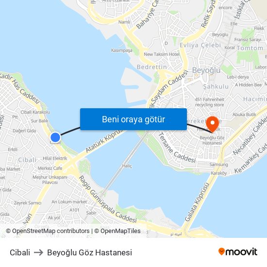 Cibali to Beyoğlu Göz Hastanesi map