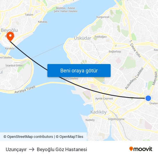 Uzunçayır to Beyoğlu Göz Hastanesi map