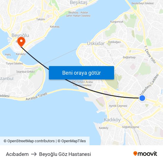 Acıbadem to Beyoğlu Göz Hastanesi map