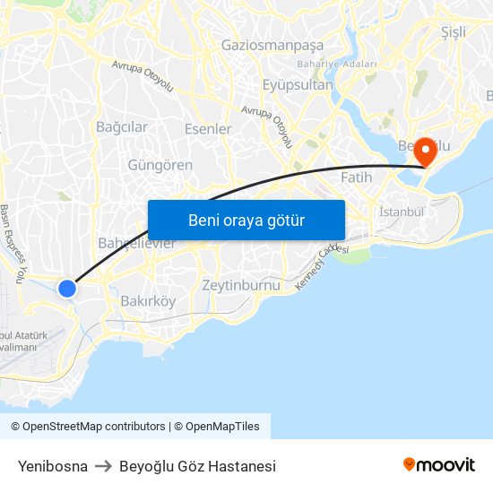 Yenibosna to Beyoğlu Göz Hastanesi map