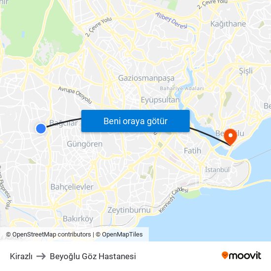 Kirazlı to Beyoğlu Göz Hastanesi map