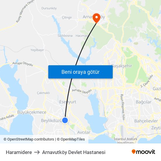 Haramidere to Arnavutköy Devlet Hastanesi map