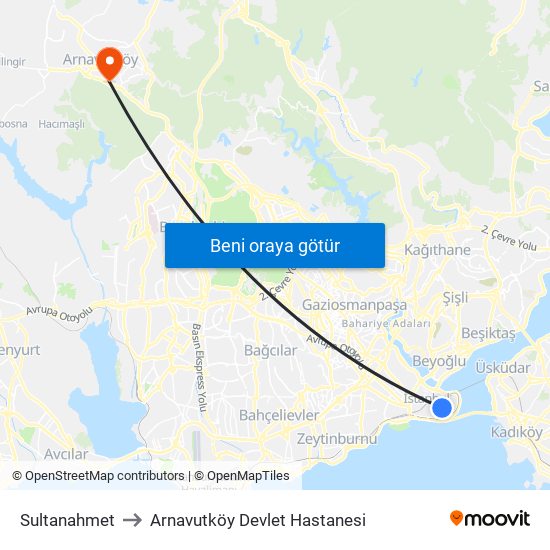 Sultanahmet to Arnavutköy Devlet Hastanesi map