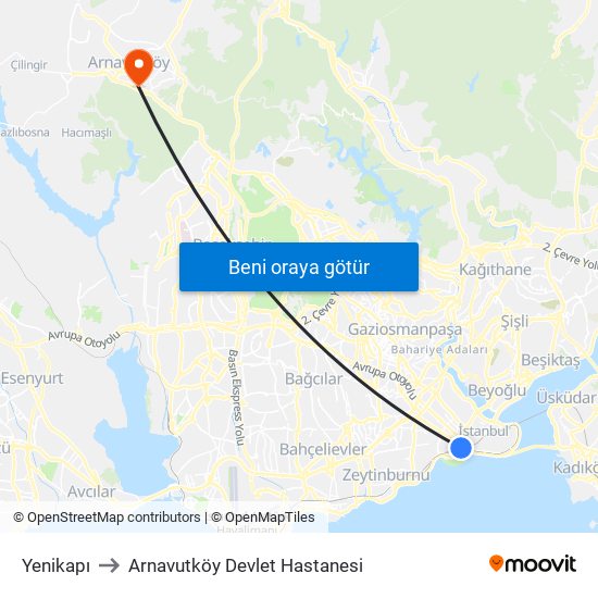 Yenikapı to Arnavutköy Devlet Hastanesi map