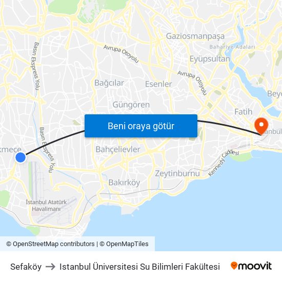 Sefaköy to Istanbul Üniversitesi Su Bilimleri Fakültesi map