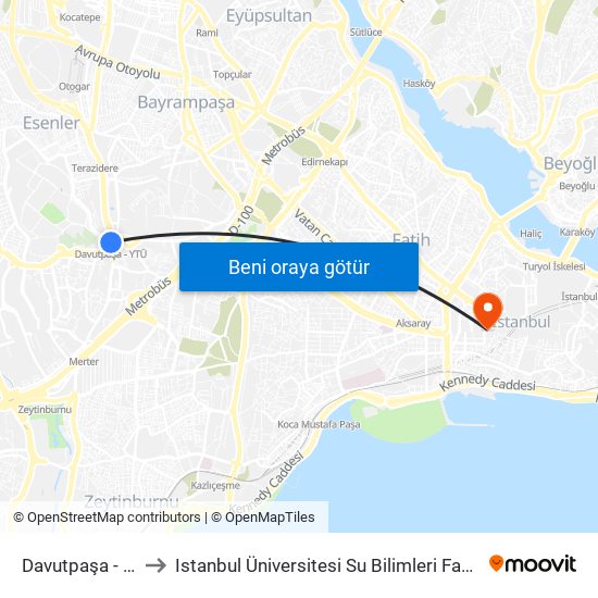 Davutpaşa - Ytü to Istanbul Üniversitesi Su Bilimleri Fakültesi map