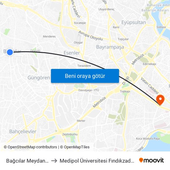 Bağcılar Meydan (M1b) to Medipol Üniversitesi Fındıkzade Hastanesi map