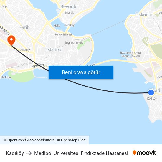Kadıköy to Medipol Üniversitesi Fındıkzade Hastanesi map