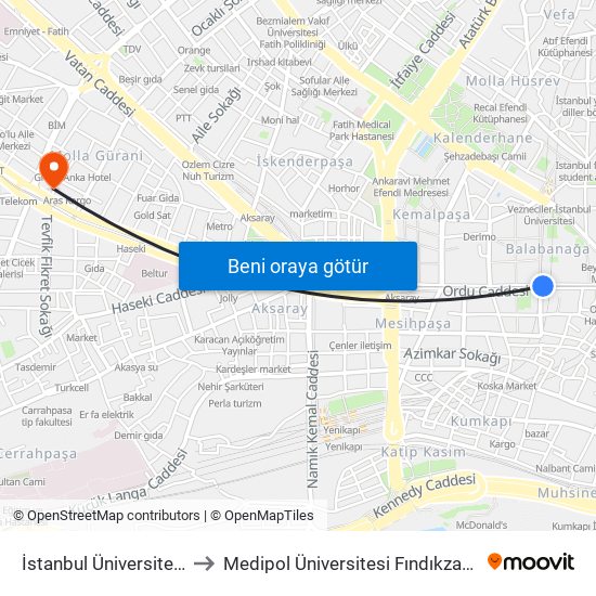 İstanbul Üniversitesi - Laleli to Medipol Üniversitesi Fındıkzade Hastanesi map