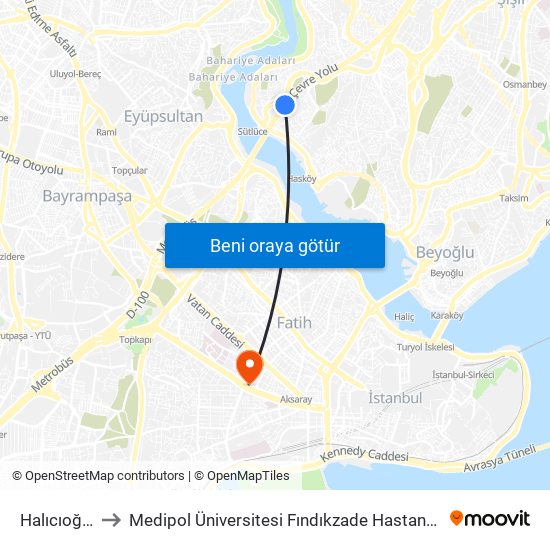 Halıcıoğlu to Medipol Üniversitesi Fındıkzade Hastanesi map