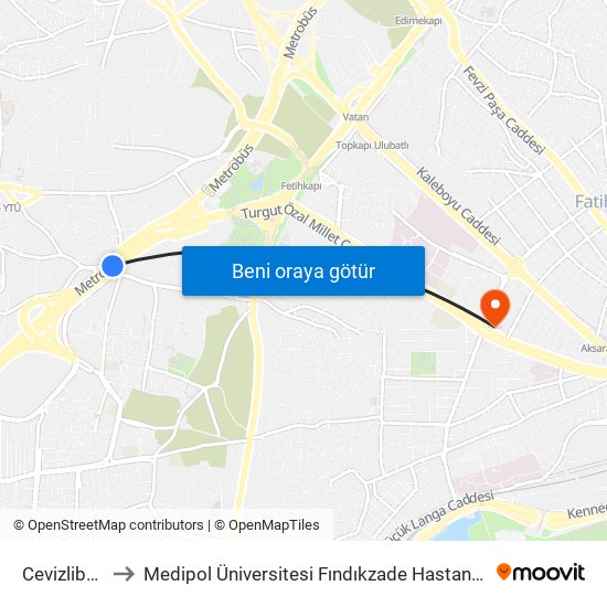 Cevizlibağ to Medipol Üniversitesi Fındıkzade Hastanesi map