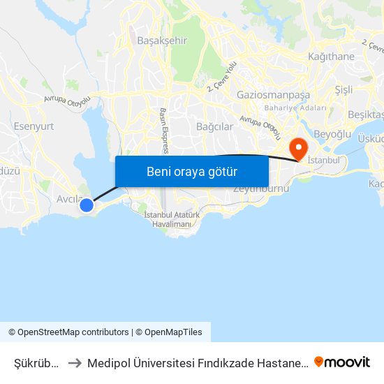 Şükrübey to Medipol Üniversitesi Fındıkzade Hastanesi map