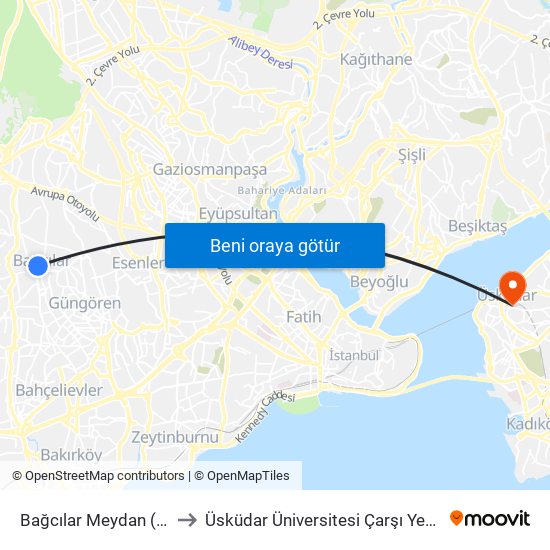 Bağcılar Meydan (M1b) to Üsküdar Üniversitesi Çarşı Yerleşkesi map