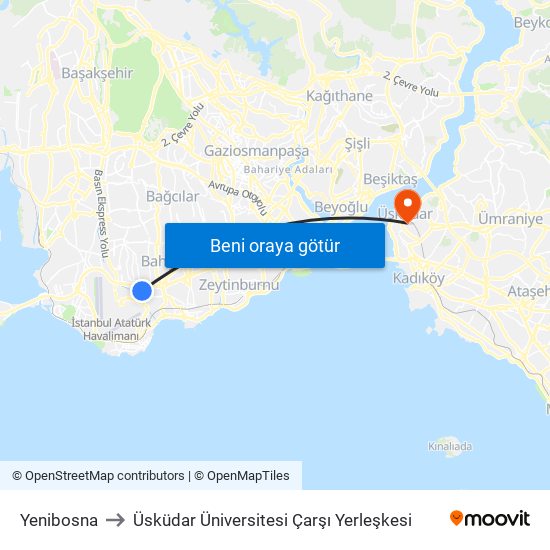 Yenibosna to Üsküdar Üniversitesi Çarşı Yerleşkesi map
