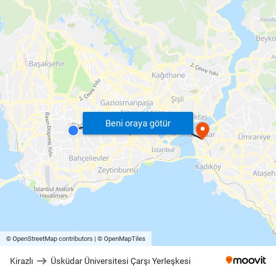 Kirazlı to Üsküdar Üniversitesi Çarşı Yerleşkesi map