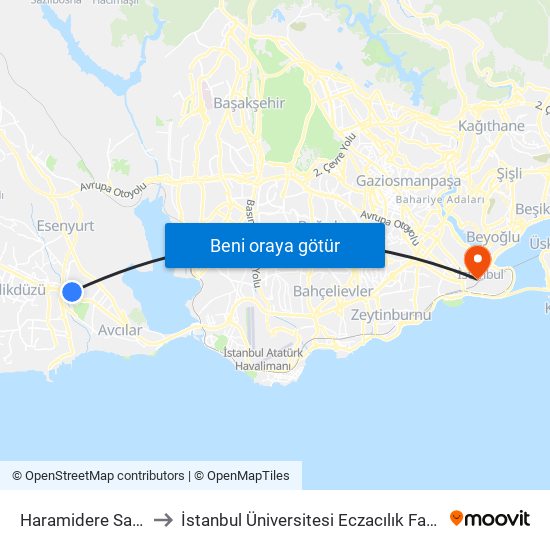 Haramidere Sanayi to İstanbul Üniversitesi Eczacılık Fakültesi map