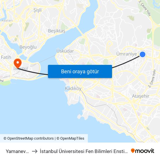 Yamanevler to İstanbul Üniversitesi Fen Bilimleri Enstitüsü map