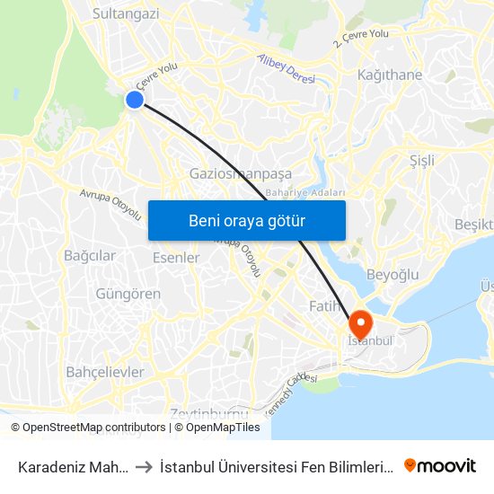 Karadeniz Mahallesi to İstanbul Üniversitesi Fen Bilimleri Enstitüsü map