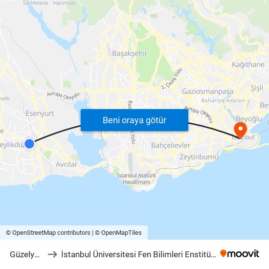 Güzelyurt to İstanbul Üniversitesi Fen Bilimleri Enstitüsü map