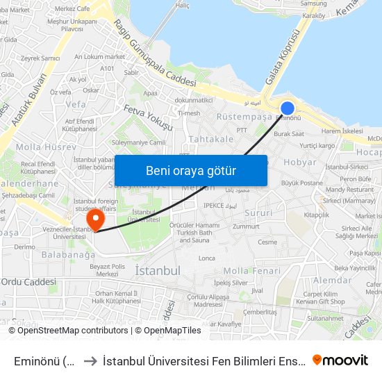 Eminönü (T1) to İstanbul Üniversitesi Fen Bilimleri Enstitüsü map