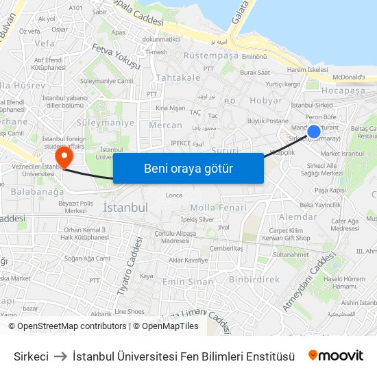 Sirkeci to İstanbul Üniversitesi Fen Bilimleri Enstitüsü map