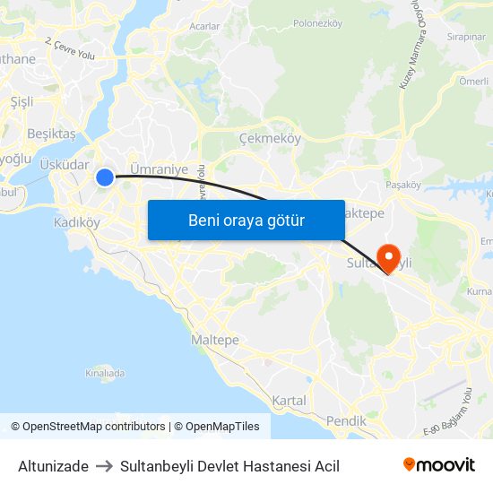 Altunizade to Sultanbeyli Devlet Hastanesi Acil map