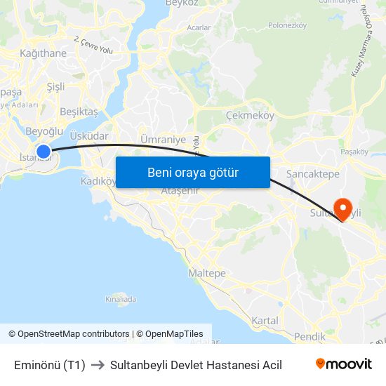 Eminönü (T1) to Sultanbeyli Devlet Hastanesi Acil map