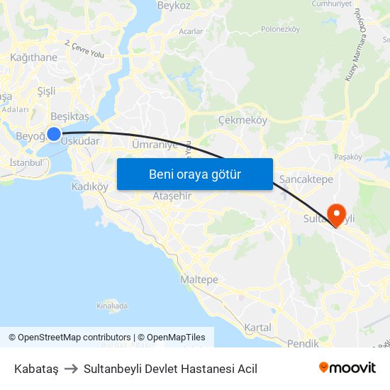 Kabataş to Sultanbeyli Devlet Hastanesi Acil map