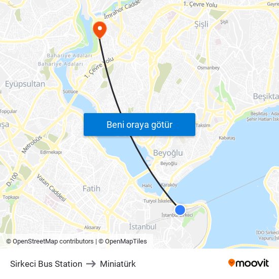 Sirkeci Bus Station to Miniatürk map