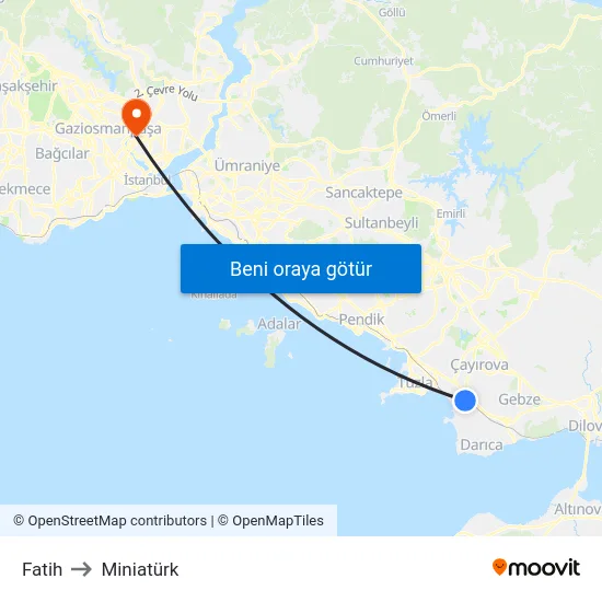 Fatih to Miniatürk map