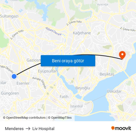 Menderes to Liv Hospital map