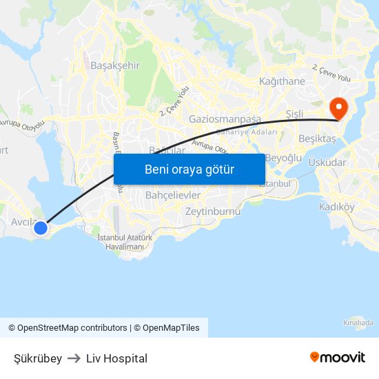 Şükrübey to Liv Hospital map