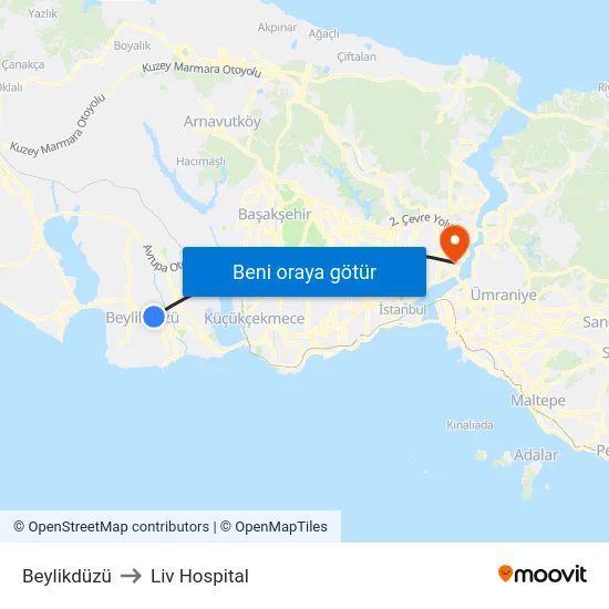 Beylikdüzü to Liv Hospital map