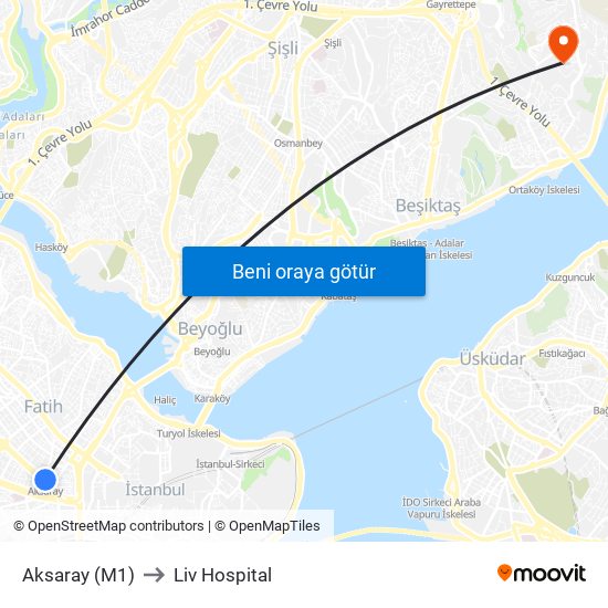 Aksaray (M1) to Liv Hospital map