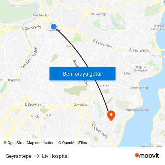 Seyrantepe to Liv Hospital map