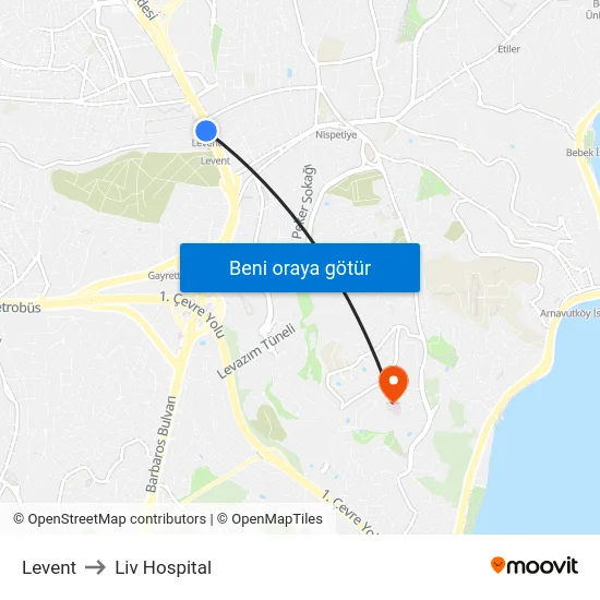 Levent to Liv Hospital map